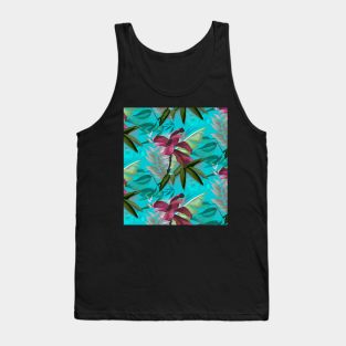 Exotic Tropical plants pattern botanical illustration,botanical pattern, tropical plants, pink turquoise leaves pattern over a Tank Top